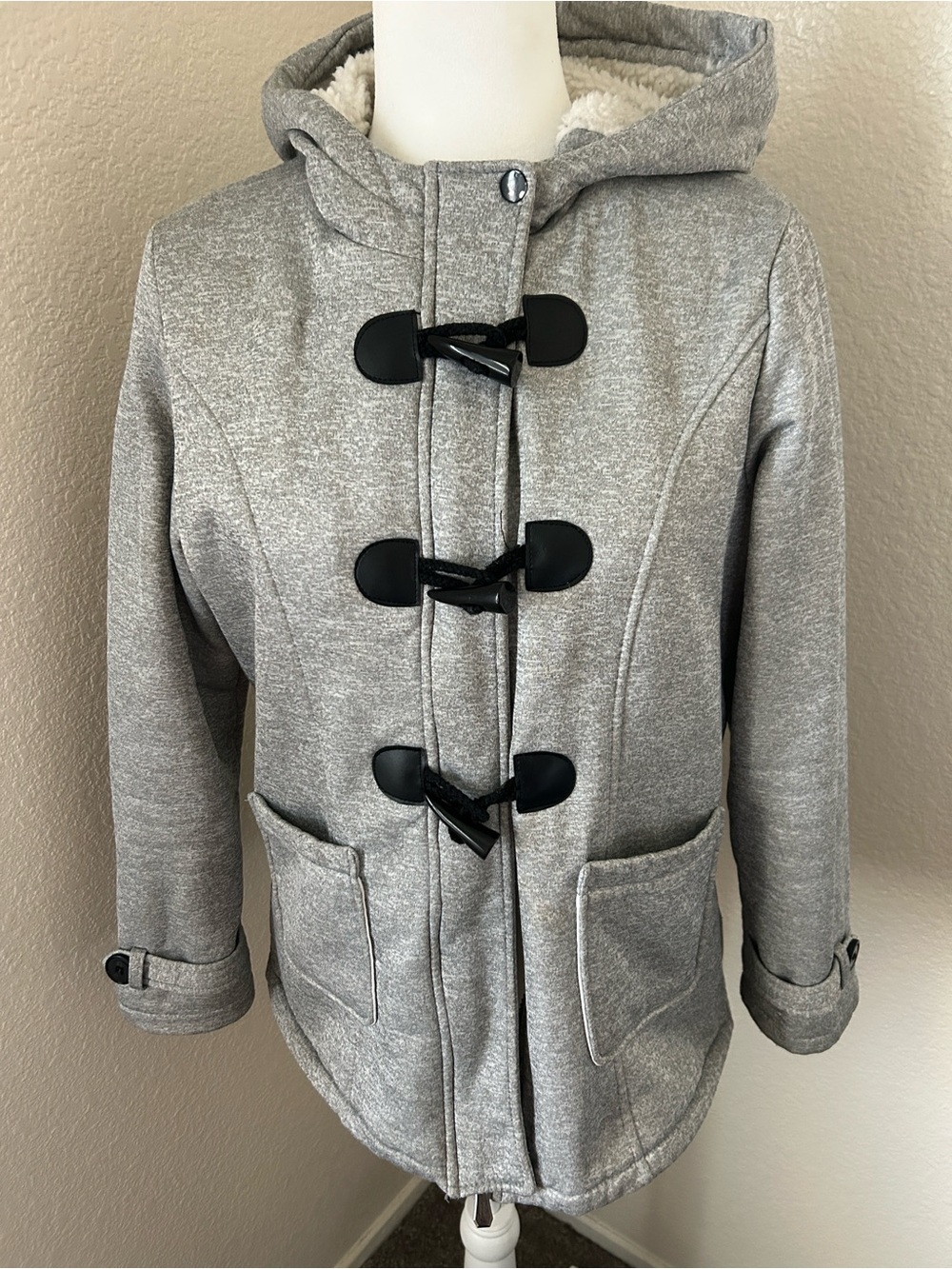 Source Unknown Heather Gray Hooded Toggle Pea Coat with Faux Shearling